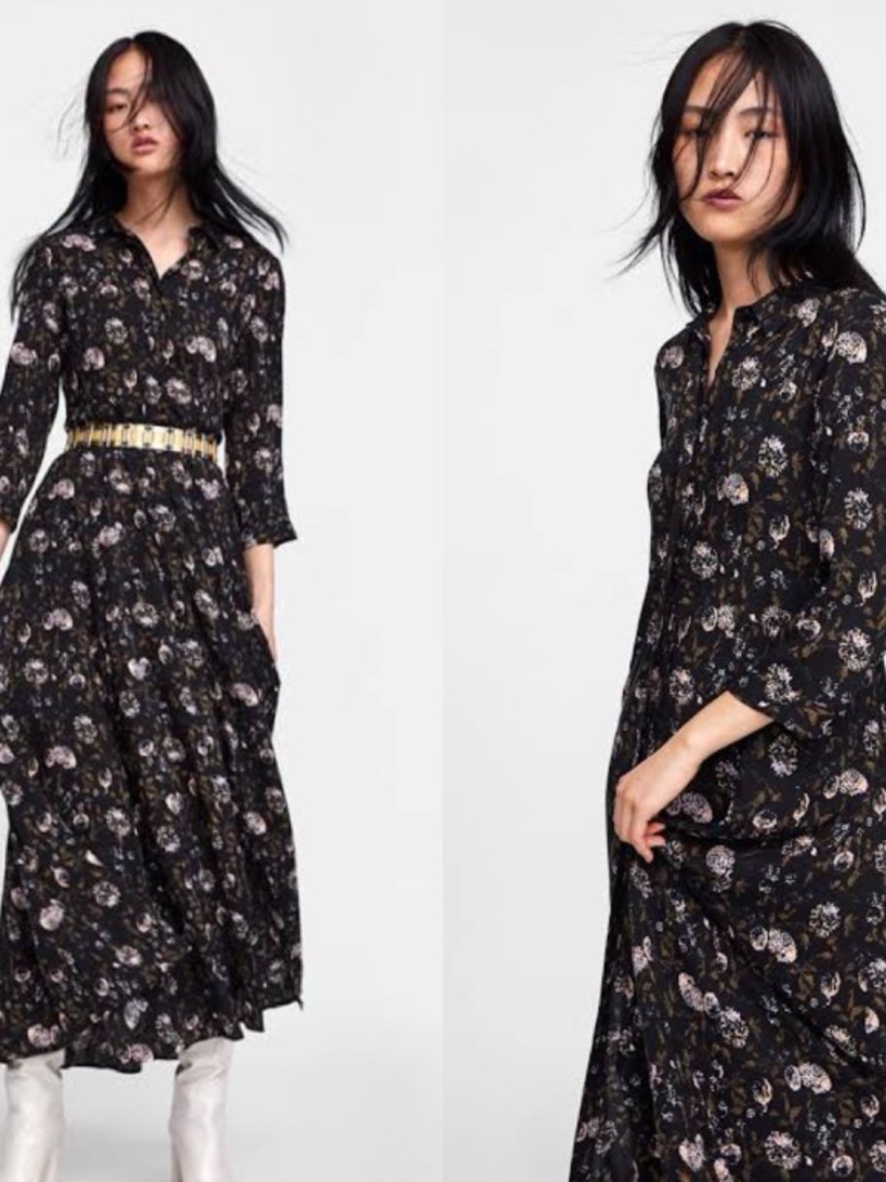 Zara Black Floral Long Sleeve summer Maxi Dress